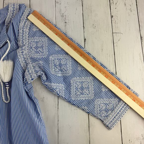 Gretchen Scott Blue/White Seersucker Odessa Tassel Tunic Shift Dress Size Small - Picture 10 of 13